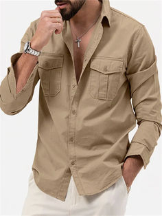 Pattern: solid color Color: black, khaki, gray, army green, white Product Category:Shirt Suitable for the crowd: teenagers Size:S,M,L,XL,XXL,XXXL Costume Africain, Collar Shirt Men, Mode Tips, Cargo Shirts, Safari Style, Mens Cargo, Mens Khakis, Well Dressed Men, Pocket Shirt