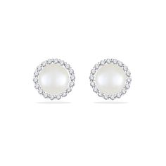 43872 - 14K White Gold - White Akoya Pearl Halo Stud Earrings Classic Cluster Earrings For Formal Occasions, 14k White Gold Pearl Earrings, Classic Cubic Zirconia Clip-on Earrings, Classic Brilliant Cut Clip-on Earrings For Formal Occasions, Classic Brilliant Cut Clip-on Earrings For Formal Events, Classic Formal Clip-on Earrings With Brilliant Cut, Classic Formal Brilliant Cut Clip-on Earrings, Diamond White Halo Earrings Fine Jewelry, Round Brilliant Cut Cluster Earrings For Formal Events