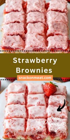 strawberry brownies on a plate with strawberries in the background and text overlay