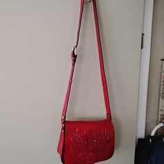 Beautiful Red Patricia Nash Handbag Tooled With Roses. Brand New. Red Flap Bag For Shopping, Red Satchel Flap Bag For Shopping, Red Crossbody Flap Bag For Shopping, Red Flap Shoulder Bag For Shopping, Red Shoulder Flap Bag For Shopping, Red Flap Bag With Adjustable Strap For Evening, Red Evening Satchel With Adjustable Strap, Red Crossbody Flap Bag With Adjustable Strap, Red Satchel Shoulder Bag With Adjustable Strap