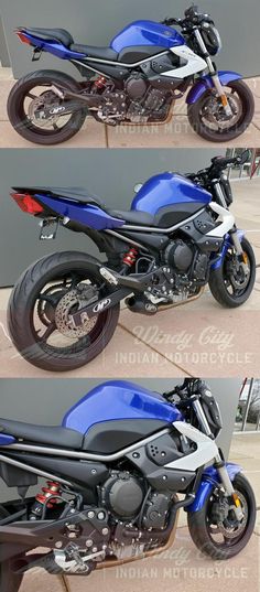 three different views of a blue and black motorcycle