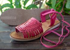 Womens pink leather open toe heel covering lace up flat mexican sandals Mexican Sandals, Embroidered Boots, Lace Up Flat, Cork Wedge, Pink Leather, Tan Leather, Leather Sandals, Open Toe, Pink Ladies