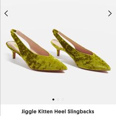 Iso Green Crushed Velvet Slingback In 9.5 Or 10 Kitten Heel Slingbacks, Ankle Boots Heels, Mules Sandals, Shoe Inspiration, Slingbacks, Topshop Outfit, Crushed Velvet, Kitten Heel, Green Velvet