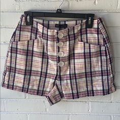 Pink Plaid Shorts Button Up Front Linen Cotton Blend Nwt Plaid Short Summer Bottoms, Fitted Plaid Cotton Shorts, Plaid Brown Mini Short, Summer Plaid Bottoms With Built-in Shorts, Plaid High-waisted Cotton Shorts, Stretchy Jean Shorts, Black Distressed Shorts, Zara Tweed, Black High Waisted Shorts