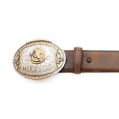 Product Details: Brown strap western belt Mexico with golden eagle design, classic western engraving, and partial beaded edge buckle Brown Belt width: 1 1/2" Buckle finish: Antique gold and silver Includes snaps that allow you to change out the buckle Note: Western belts tend to run small, please consider when ordering Western Engraving, Mexican Flag, Mexican Flags, Beaded Edge, Eagle Design, Western Belt, Golden Eagle, Western Belts, Brown Belt