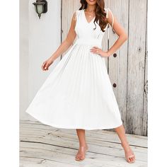 White V Neck Sleeveless Pleated Casual Dress Women Dresses Casual, Casual Dress Women, White Dress Party, Sleeveless Long Dress, Elegant Dresses Long, Long Summer Dresses, Trends 2024, Evening Party Dress, Evening Dresses Long