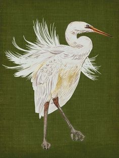 a painting of a white bird with long legs