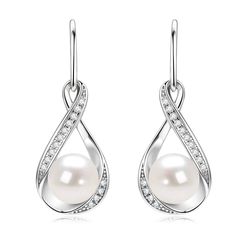 PRICES MAY VARY. Freshwater Pearl & Diamonds: This pearl drop earrings for women features real cultured pearls and certified moissanite diamond accents. White Pearls symbolize new beginnings, purity, & abundance! This infinity pearl earrings is the perfect wedding gifts for bride bridesmaids. Silver Pearl Jewelry: Our Pearl dangle earrings are made of 925 sterling silver and is stamped with "S925" to ensure authenticity. The 18K white gold plated finish gives the earrings a long-lasting shine. G Diamond White Teardrop Pearl Earrings, Teardrop Diamond White Pearl Earrings, Teardrop Pearl Earrings In Diamond White For Anniversary, Diamond White Teardrop Pearl Earrings For Anniversary, Teardrop Diamond White Pearl Earrings For Anniversary, Pear Shaped Diamond White Pearl Earrings, Diamond White Dangle Pearl Earrings For Anniversary, Pearl Dangle Earrings Wedding, Silver Pearl Jewelry