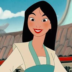 an animated image of a woman with long black hair wearing a white shirt and blue apron