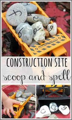 construction site scoop and spell activity for toddlers to play with rocks in the dump truck