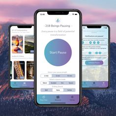 three smartphones displaying different things on the screen, with mountains in the back ground