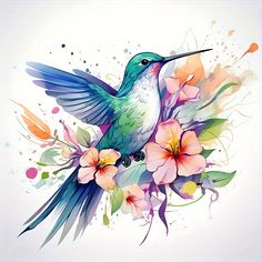 a hummingbird with flowers and watercolor splashes on it's wings is flying