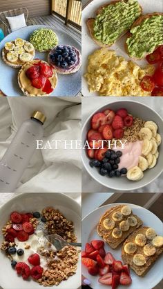 four different pictures of breakfast foods and the words eat healthy