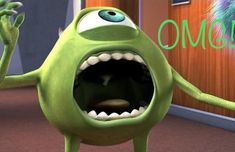 an animated green monster with its mouth open