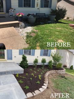 before and after pictures of a front yard landscaping project