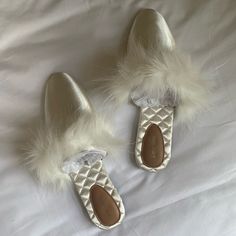 & Other Stories Off White Silk Slippers With Faux Fur Accent. Size 36 Eu/5 Us. Brand Newperfect Condition. Would Be Perfect For Getting Ready On Wedding Day! I Wear A 6.5 And They Almost Fit Comfortably. White Elegant Synthetic Slippers, Silk Slippers, Off White Wedding, Bridal Slippers, Wedding Slippers, House Slippers, White Silk, Cream White, Getting Ready