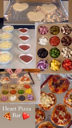 heart shaped pizzas are being prepared and ready to be eaten