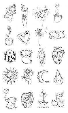 the various tattoos are drawn in black and white, including hearts, stars, sun, moon