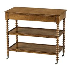 a wooden table with three shelves on each side