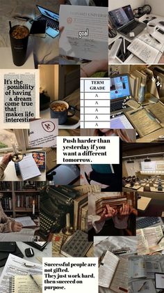 a collage of photos with different types of papers and books on them, including an old typewriter