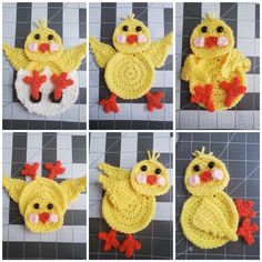 crocheted yellow chicken with red bows on it's head and four pictures of the same bird