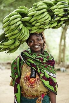 a woman carrying a large bunch of green bananas on her head and wearing a scarf