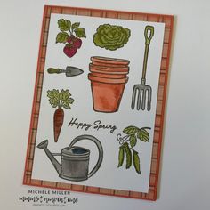 a card with gardening related items on it and the words happy spring written in red