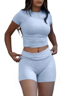 PRICES MAY VARY. Features: The fitted crew neck top is designed to mold your unique curves. Pair it with the fold over shorts that you can adjust the waist band to be low-rise or mid-rise to create a ruched look. This 2 piece sets for women summer is perfect for everyday wear. Material: Crafted with soft, elastic, and premium material. The four-way stretch fabric not only ensures a body-hugging fit but also offers maximum flexibility and comfort. Versatile: The matching set can be worn with coat Cheap Light Blue Intimates For Loungewear, Fitted Light Blue Activewear For Loungewear, Blue Short Set For Summer Loungewear, Light Blue Fitted Loungewear Sets, Blue Two-piece Loungewear Set, Matching Lounge Set, Two Piece Sets Summer, Pajama Outfits, Yoga Set