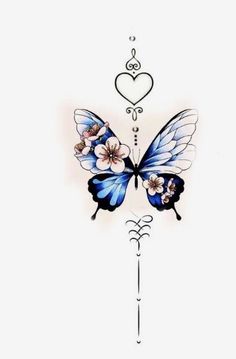 a blue butterfly with flowers on it's wings and a heart above the wings