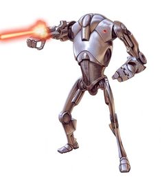 a drawing of a robot with a light saber in it's right hand and his left arm out