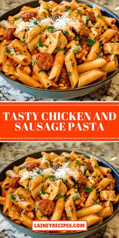 two pictures of pasta with meat and sauce in a pan on the table, one has parmesan cheese