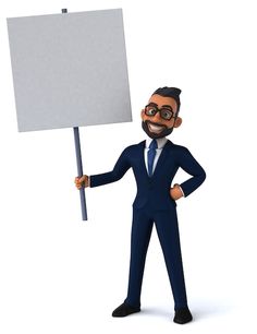 a man in a suit holding a sign and pointing to it with his right hand