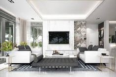 a modern living room with white furniture and marble wallpaper, along with floor to ceiling windows