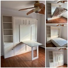 there are four different pictures of a bed with built - in bookshelves and shelves