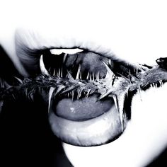 a black and white photo of an animal's mouth with spikes on its teeth