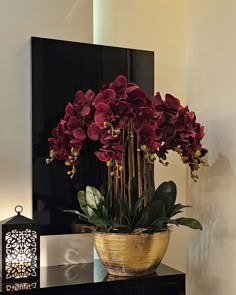 a potted plant sitting on top of a black table next to a wall mounted mirror