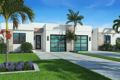 this is an artist's rendering of a modern house with palm trees and landscaping