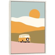 a yellow bus is driving down the road in front of an orange sky and mountains