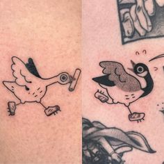 two tattoos that have birds on them, one with an eye and the other with a bird