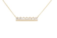 The At the Bar 7 baguette necklace is a classic piece, for a classic lady. 7 gorgeous baguettes sitting up at a solid 18k recycled gold bar. 7 ethically sourced baguette diamonds Total carat weight: 0.7 18K recycled yellow gold Measurements: 4.4mm/.17 inches high, 22.3mm/.88 inches wide This is a GIFT THAT GIVES BACK! Click here to see how. The 1.1mm cable chain is adjustable to be worn at 16 or 18 inches because hey, we like options. Please allow 3 weeks for us to make and ship your special pie Baguette Necklace, Ruby Bands, Trending Necklaces, Baguette Diamonds, 18k Gold Jewelry, Ethical Jewelry, Champagne Diamond, Gold Bar, Recycled Gold