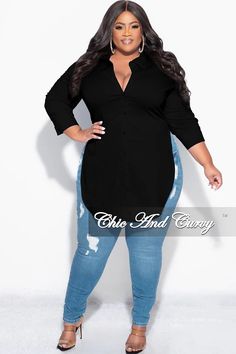 Final Sale Size Long Sleeve High-Low Button Up Collar Top in Black – Chic And Curvy Chic And Curvy, Size 12 Women, Stylish Plus, Plus Size Fashion For Women, Long Tshirt, Collar Top, Pretty Outfits, Plus Size Fashion, High & Low