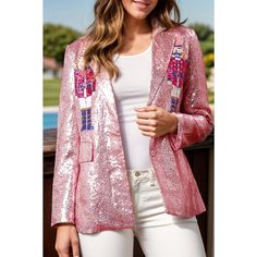 Sequin Christmas Nutcracker Long Sleeve Blazer Jacket In Dusty Pink Ships In 5-10 Business Days * Features: Buttoned, Sequin * Thickness: Normal * Body: Not Lined * Material Composition: 100% Polyester * Care Instructions: Machine Wash Cold. Tumble Dry Low. * Imported Size Us Top Length Bust Sleeve Length S 4 26.8 38.6 - M 6/8 27.2 40.9 - L 10/12 27.6 43.3 - Xl 14 28 45.7 - Christmas Blazer, Mode Rose, Christmas Wear, Normal Body, Sequin Blazer, Sequin Sleeve, Weave Style, Self Design, Long Sleeve Blazers