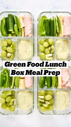 green food lunch box meal prepped in plastic containers with text overlay that reads, green food lunch box meal prepp