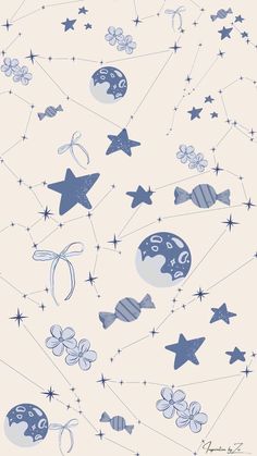 an image of stars and fish on a white background with blue ink drawing style design