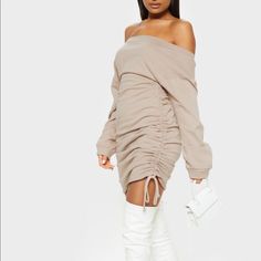 Featuring A Stone Material With A Bardot Neckline Long Sleeves And Ruched Detailing, We Are Obsessed. Team This With Thigh-High Boots And A Mini Bag For A Night Out With The Dolls. Length Approx 84cm/33"" (Based On A Sample Size Uk 8) Model Wears Size Uk 8/ Eu 36/ Aus 8/ Us 4 Model Height -5ft 9” 100% Cotton Please Note: Due To Fabric Used, Colour May Transfer Bardot Neckline, Stone Material, Beautiful Life, Thigh High Boots, Thigh High, Thigh Highs, Model Height, Life Is Beautiful, High Boots