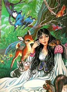 a painting of a woman surrounded by animals