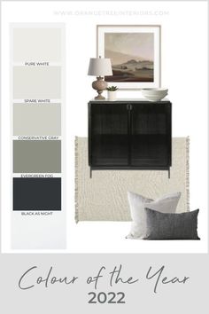 a color scheme for a living room with white walls and gray furniture, including a black cabinet