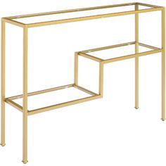 a gold metal and glass console table with two shelves on each side, against a white background