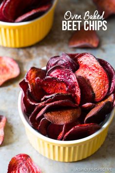 oven baked beet chips in small bowls