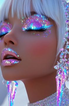 Blacklight Makeup Ideas, Bubble Makeup, Crazy Makeup Looks, Glitter Drag Makeup, Faerie Makeup, Trippy Eye Makeup, Rainbow Fantasy Makeup, Trippy Eye Makeup Looks, Glitter Eyebrows